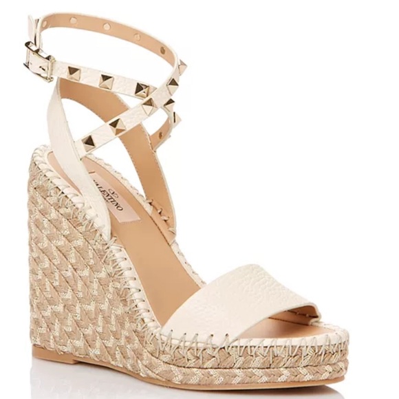 Valentino Shoes - Valentino Women's Rockstud Double Espadrille Wedge Sandals Cream Size 38